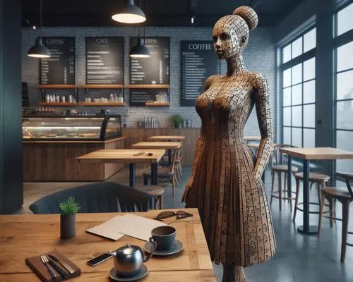 sun sunrise,wooden mannequin,woman at cafe,wooden figure,woman drinking coffee,woman sculpture,artist's mannequin,wooden doll,girl in the kitchen,caryatid,barista,bakery,woman holding pie,girl with br