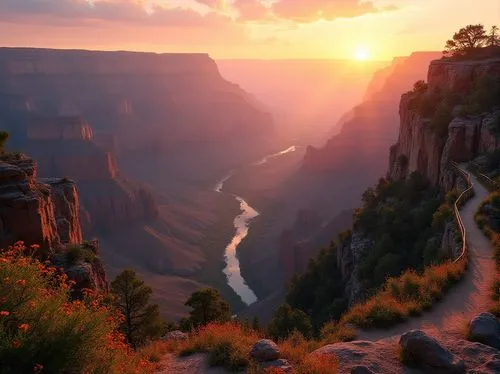 Grand Canyon landscape, sunset time, warm orange and pink hues, layered rock formations, vast expanse of valleys, Colorado River flowing gently, lush green trees, rare wildflowers blooming, winding hi