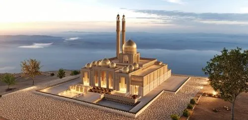 Render this mosque according to the given reference image do not change the model itself, keep the view and walls, minaret etc, exactly the same (dont create 2 minars),mosque,faisal mosque,monserrate,