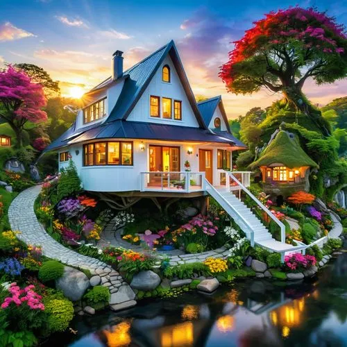 The cozy beveled house in the center of the scene has a colorful bouquet of flowers blooming in vibrant hues. Including swift car, accept road, a small treehouse with mossy roof and white shingles res