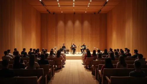 Concert house, Chukum material, sustainable architecture, eco-friendly, natural texture, wood grain pattern, warm lighting, intimate setting, small audience, acoustic instruments, musician performance