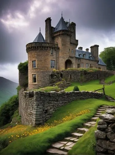 Highland, Scottish castle, ancient stone walls, towers, turrets, grand hall, wooden beams, rustic chandeliers, cozy fireplaces, intricate Celtic carvings, mysterious fog, misty mountains, rugged lands