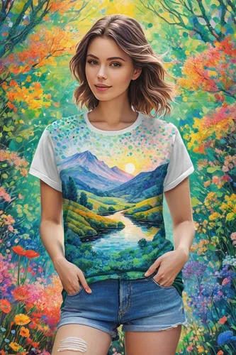 girl in t-shirt,colorful background,girl in flowers,tshirt,tie dye,colorful floral,girl in the garden,floral background,print on t-shirt,spring background,springtime background,world digital painting,girl with tree,tee,colorful,portrait background,rainbow background,jeans background,art,photo painting,Conceptual Art,Daily,Daily 31