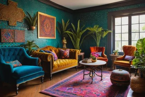 moroccan pattern,peranakan,sitting room,interior decor,bohemian art,peranakans,showhouse,victorian room,chaise lounge,maximalism,blue room,apartment lounge,decor,contemporary decor,interior decoration,interior design,ornate room,boho art style,mahdavi,great room,Illustration,Abstract Fantasy,Abstract Fantasy 20