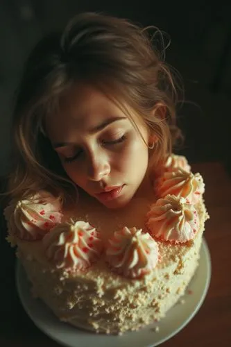 gorgeous lovely supermodel, 26 years old, sleeping her face in large cake, light and shadows, 3D effect, double exposure shadow contour, ,a girl is staring down at a white cake,gateau,little cake,cake