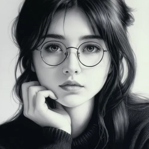 girl portrait,with glasses,girl drawing,nabiullina,digital painting,glasses,Illustration,Black and White,Black and White 13