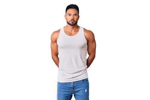 Asian man, muscular build, athletic physique, short black hair, sharp facial features, strong jawline, piercing brown eyes, subtle beard, casual wear, white tank top, ripped jeans, sneakers, confident