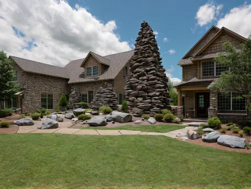 Rock sculptures ,stone house,mountain stone edge,landscape lighting,country estate,stone houses,beautiful home,stone wall,landscaping,tuff stone dwellings,traditional house,large home,country house,lo