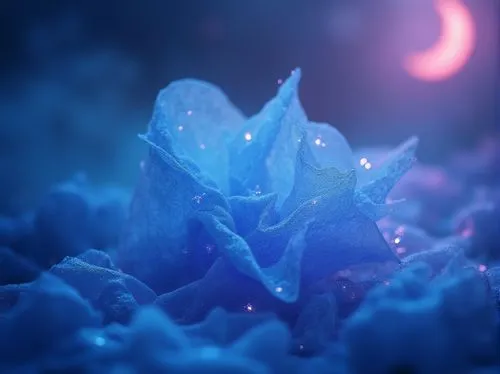 Ethereal, mystical atmosphere, incorporating blue and violet colors, shimmering fabrics, glowing accents, luminous aura, soft focus, whimsical composition, dreamy lighting, gentle curves, flowing silh