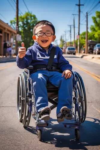 Imagine a heartwarming scene where a child with a disability receives thousands of thumbs up reactions on Facebook, uplifting the whole community.,wheelchair sports,motorized wheelchair,the physically