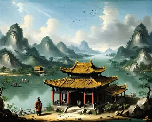 oriental painting,chinese art,summer palace,the golden pavilion,chinese temple,yangqin,mountain scene,luo han guo,chinese background,yunnan,huangshan maofeng,hall of supreme harmony,forbidden palace,landscape background,xing yi quan,chinese clouds,guizhou,wuyi,chinese architecture,khokhloma painting,Art,Classical Oil Painting,Classical Oil Painting 35