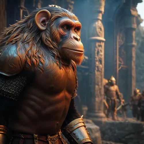 Monkey King, Planet of the Apes, cruel expression, dashing, muscular, wearing an iron helmet, battle armor with iron spikes as accessories.,kong,gorilla,ape,king kong,orang utan,great apes,monkey sold