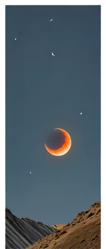 Lunar eclipse, full moon, dark blue-gray sky, subtle clouds, crescent Earth shadow, bright lunar surface, rugged terrain, craters visible, 3/4 composition, low-angle shot, dramatic lighting, cinematic