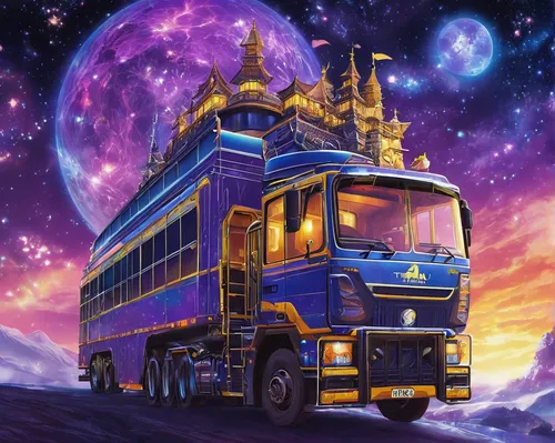 semi,galaxy express,kamaz,cybertruck,lorry,kei truck,trucking,truck driver,day of the dead truck,big rig,christmas truck,truck,road train,astral traveler,18-wheeler,large trucks,tractor trailer,freight transport,russian truck,halloween truck,Conceptual Art,Oil color,Oil Color 17