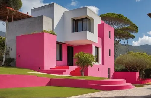 sottsass,mahdavi,pink squares,pink grass,dreamhouse,cubic house,modern house,bright pink,dunes house,lawn flamingo,cube house,corbu,pink vector,fresnaye,modern architecture,cube stilt houses,mid century house,casita,pink flamingo,geometric style,Photography,General,Realistic