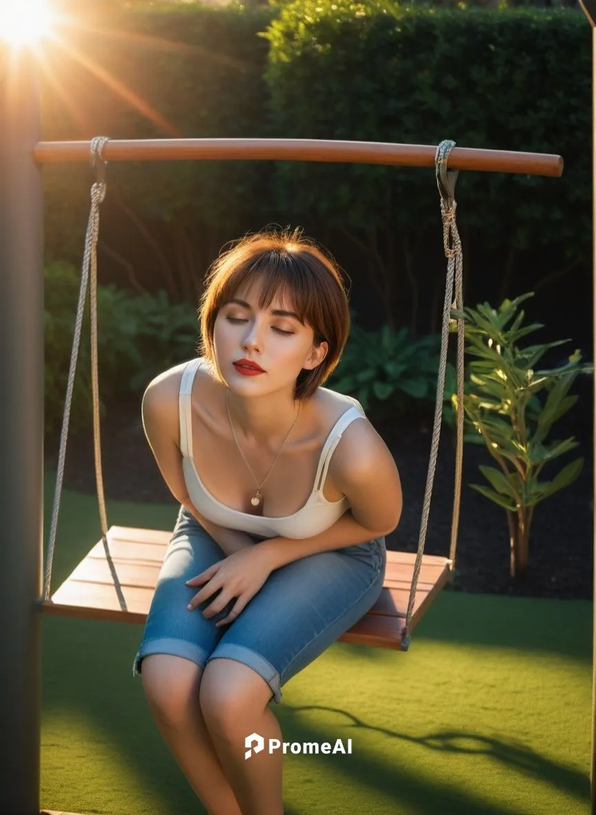 The camera captures a vibrant display of acacia's skin as a young woman with short brown hair and red lips sitting in a swing  a sunny park, her head tilted to the side as if she's been walking in the