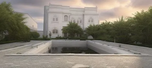 mortuary temple,3d rendering,mausoleum ruins,sunken church,white temple,mausoleum,reflecting pool,egyptian temple,russian pyramid,build by mirza golam pir,baptistery,tombs,peter-pavel's fortress,3d re