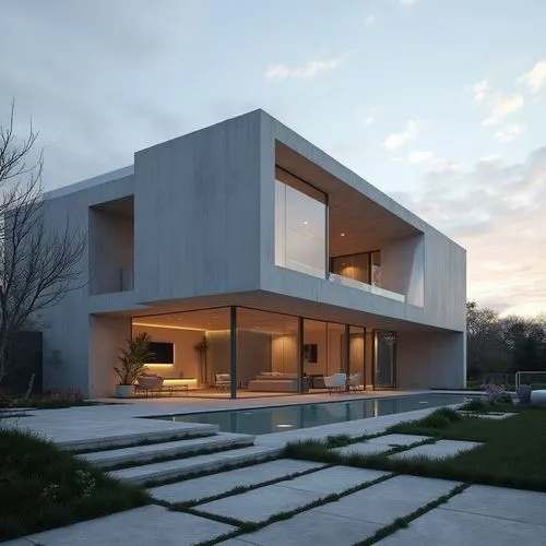  ,a large white house that is sitting in the grass,modern house,cubic house,cube house,modern architecture,dunes house,house shape