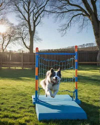 Fieldhouse, agility training, dog obstacle course, sunny day, green grass, rustic wooden fences, hurdles, tunnels, weave poles, jump over obstacles, energetic dog, athletic build, short fur, floppy ea