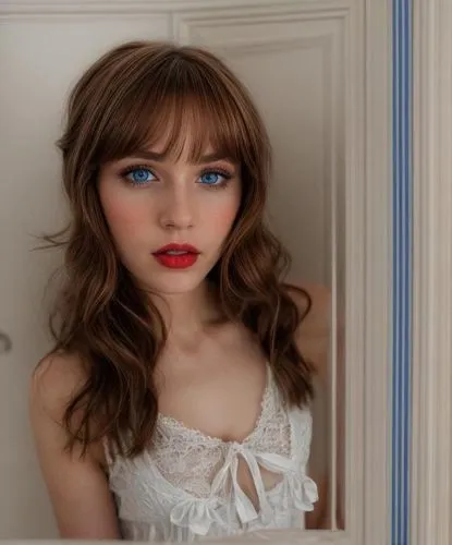 a selfie full body of a young beautiful caucasian girl 23 years old, brown hair, red lips, blue eyes whit a confident expression wearing a white nightie stand up in a modern bathroom at morning lighti