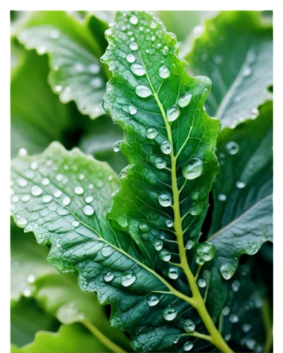 Leafy greens, detailed veins, wavy edges, soft focus, natural light, realistic shading, intricate patterns, curled up tips, vibrant colors, shiny surface, dew droplets, morning mist, 3/4 composition, 