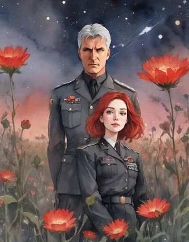 an image of a couple posing for a po,sokurov,ceausescu,red poppies,field of poppies,poppy fields,poppy field,Digital Art,Watercolor