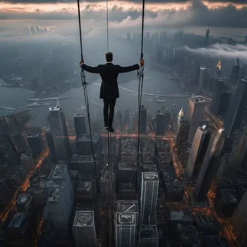 skywalking,tightrope walker,tightrope,skycraper,acrophobia,highwire,wallenda,vertiginous,photo manipulation,34 meters high,skyscraping,abseiled,skydeck,above the city,silks,skycycle,daredevils,skywalk,conceptual photography,volador,Photography,General,Fantasy