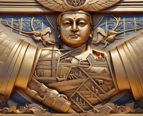 bas relief,gold plated artwork on the front of a building with blue and gold pattern,detail,panel,reredos,ghiberti,wappen,kahanamoku,Photography,General,Realistic