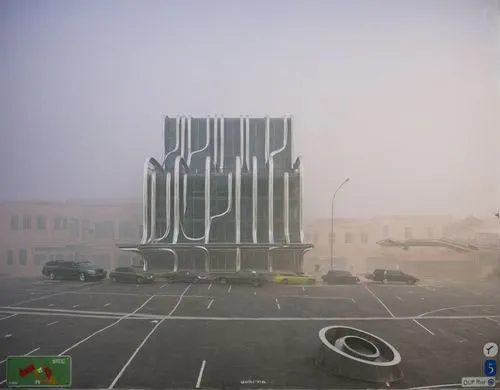 the parking lot and building structure are made out of multiple metal columns,cancer fog,veil fog,foggy,dense fog,foggy day,befogged,Photography,Documentary Photography,Documentary Photography 38