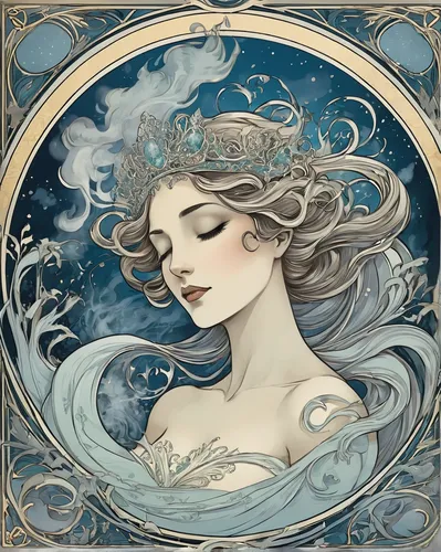 the snow queen,the zodiac sign pisces,the sea maid,art nouveau,horoscope libra,white rose snow queen,blue moon rose,faery,faerie,zodiac sign libra,jasmine blue,horoscope pisces,fairy queen,constellation swan,art nouveau design,blue enchantress,mermaid background,zodiac sign gemini,water nymph,aquarius,Illustration,Retro,Retro 13