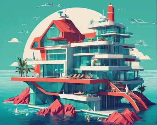 seaside resort,artificial island,tropical house,beachhouse,hotel riviera,beach house,house of the sea,floating island,artificial islands,futuristic landscape,island suspended,floating islands,futuristic architecture,holiday complex,real-estate,fantasy city,acapulco,beach resort,sea fantasy,sky apartment,Illustration,Vector,Vector 17