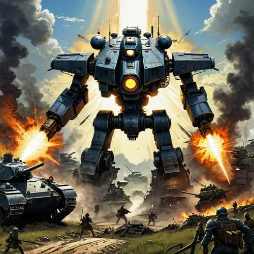 World war two inspired german steampunk battle-mech fighting against communist tanks and mechs on open destructive battlefield.
dytopian fallout,battletech,mechwarrior,robotech,helghan,tankor,patlabor