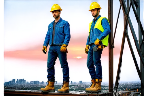 Construction site, crane boom, yellow helmet, reflective vest, rugged boots, blue jeans, muscular arm, gripping steel beam, welding sparks, sunset backlight, 3/4 composition, shallow depth of field, w