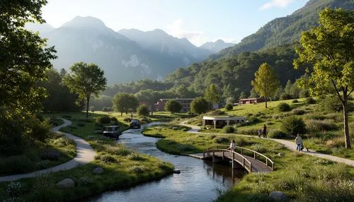 alpine village,mountain village,oberland,rivendell,riftwar,mountain settlement,riverwood,alpine landscape,alpine region,millstream,mountain spring,world digital painting,green valley,rendalen,mountain valley,watermill,landscape background,canton of glarus,idyllic,vajont