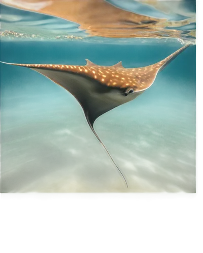 Stingray, underwater, brown body, white belly, long tail, venomous barb, swimming, calm ocean water, soft sunlight filtering through waves, 3/4 composition, shallow depth of field, warm color tone, ci