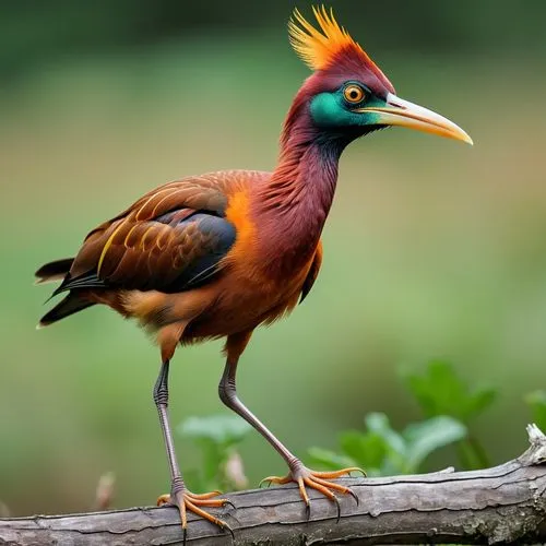 Theoretical representation of a non-terrestrial strange looking, burgundy and orange colored avian creature with a short yellow spooned beak, four long thin legs, no neck, and iridescent burgundy and 