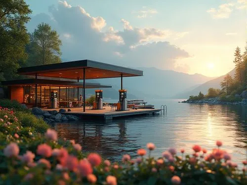 house with lake,summer cottage,floating huts,house by the water,houseboat,houseboats,boat house,boathouse,floating over lake,lakeside,summer house,beautiful lake,cottage,boat landscape,the cabin in the mountains,lake view,pool house,summerhouse,lake lucerne,boat dock,Photography,General,Realistic