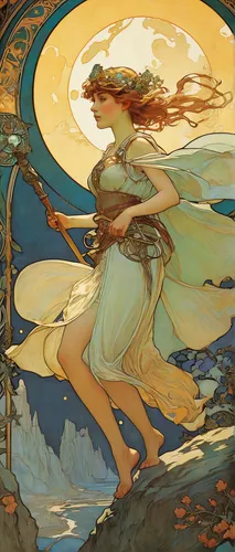 mucha,art nouveau,fae,faerie,art nouveau design,faery,fairies aloft,cosmos wind,dryad,harpy,rusalka,siren,light bearer,throwing leaves,the wind from the sea,winds,summer solstice,wind,light of autumn,golden autumn,Illustration,Retro,Retro 03