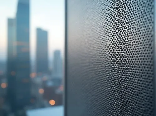 Perforated metal, modern design, industrial style, silver-gray tone, intricate holes pattern, mesh-like texture, sleek lines, futuristic feel, urban setting, cityscape background, skyscraper, metallic