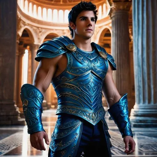 Percy Jackson, son of Poseidon as a full god, wearing metal pants, blue metal gauntlets, and blue metal vest, he is quite muscular, in the Hall of the Gods,ashur,greek god,proculus,theseus,illyrian,hu