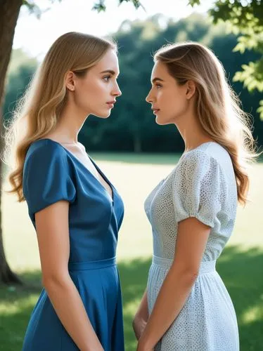 two women, at a suitable distance from each other,two pretty young women in dresses talking together,countesses,heiresses,avalance,olsens,duchesses,two girls