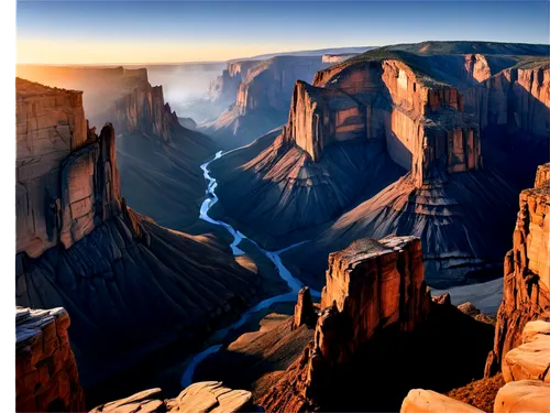 Canyon scenery, grand landscape, rocky cliffs, vast expanse, blue sky with few white clouds, sunset glow, warm light, deep shadows, detailed rock texture, misty atmosphere, panoramic view, cinematic c