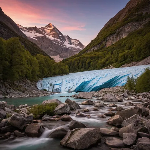 Describe the serene beauty of Morteratsch glacier at sunset.,glacial melt,morteratsch glacier,gorner glacier,rhone glacier,glacier water,glacier,the glacier,glacier tongue,glaciers,glacial,glacial lak