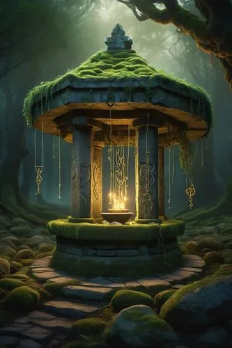 japanese shrine,wishing well,shrine,druid stone,japanese lantern,cartoon video game background,illuminated lantern,shrines,mushroom landscape,matityahu,druidism,background design,fairy house,lotus stone,stone background,dojo,sanctum,oriental lantern,japanese zen garden,druidic,Art,Artistic Painting,Artistic Painting 08