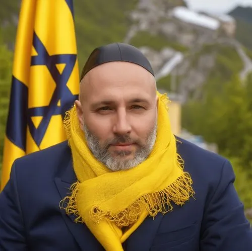 Put a yellow scarf around the man's neck that will look realistic and don't touch the man's face,turchynov,yitzik,kornbluh,hochhalter,tzvi,deri,baradar,ziviyeh,gnjidic,tzadik,rabbi,shariatmadari,abruz