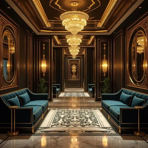 Luxurious Art Deco interior, opulent marble floors, polished brass accents, ornate metalwork, lavish velvet upholstery, rich wood paneling, geometric patterned rugs, metallic leaf motifs, bold black a