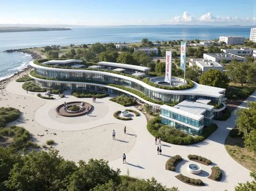 Oceanfront science center, curved architecture, large windows, marine-inspired design, wave-like roofs, coastal vegetation, sandy beach, rocky shoreline, educational exhibits, interactive displays, aq