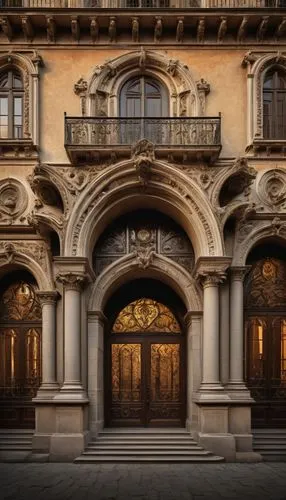 Baroque quoins, ornate carvings, rusticated stone walls, grand entrance, arched windows, balconies with intricate metalwork, Gothic spires, Romanesque columns, symmetrical facade, Renaissance-inspired