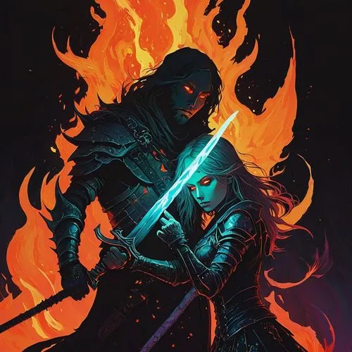 witcher,burning torch,fire background,fire master,heroic fantasy,fiery,games of light,katana,assassin,dragon slayer,thorin,swordsman,sabre,renegade,cg artwork,swords,swordswoman,knight,warlord,paladin,Illustration,Paper based,Paper Based 19