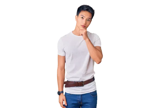 Handsome Vietnamese man, solo, (25yo), strong facial features, sharp jawline, short black hair, bright brown eyes, slight smile, white shirt, dark blue jeans, leather belt, casual sneakers, leaning ag